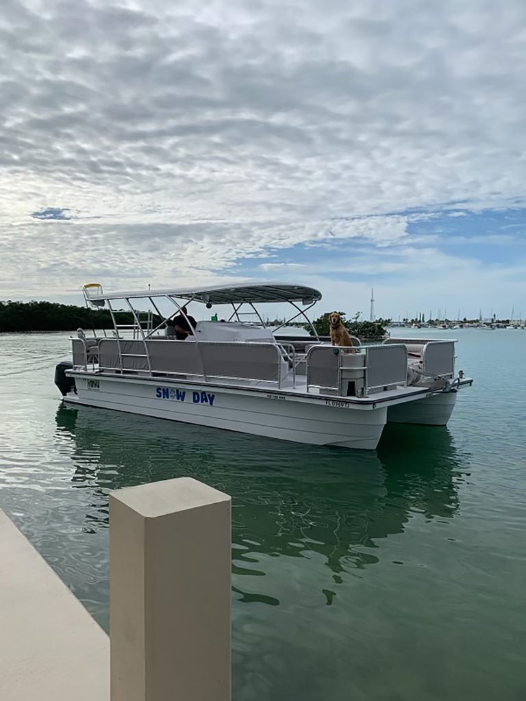 A silver pontoon boat named "SNOW DAY" is anchored in calm waters