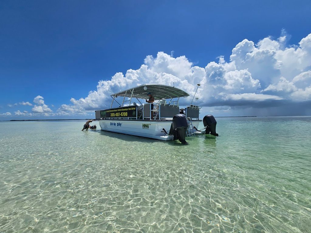 A boat floats in the water