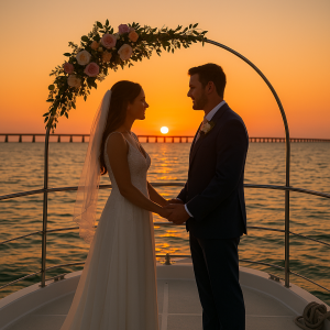 A bride and groom on a boat, silhouetted against a vibrant sunset