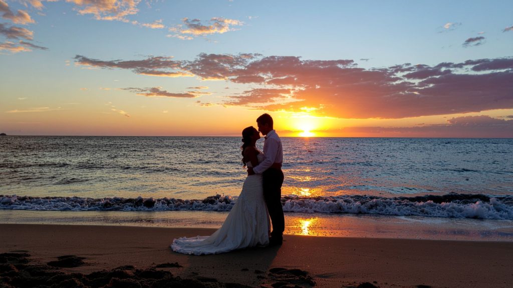 Bride & groom silhouette at sunset